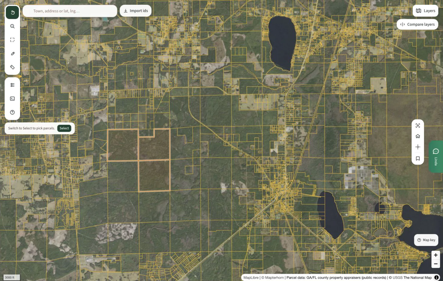 Aerial imagery of the Alachua County demo area without the volume overlay