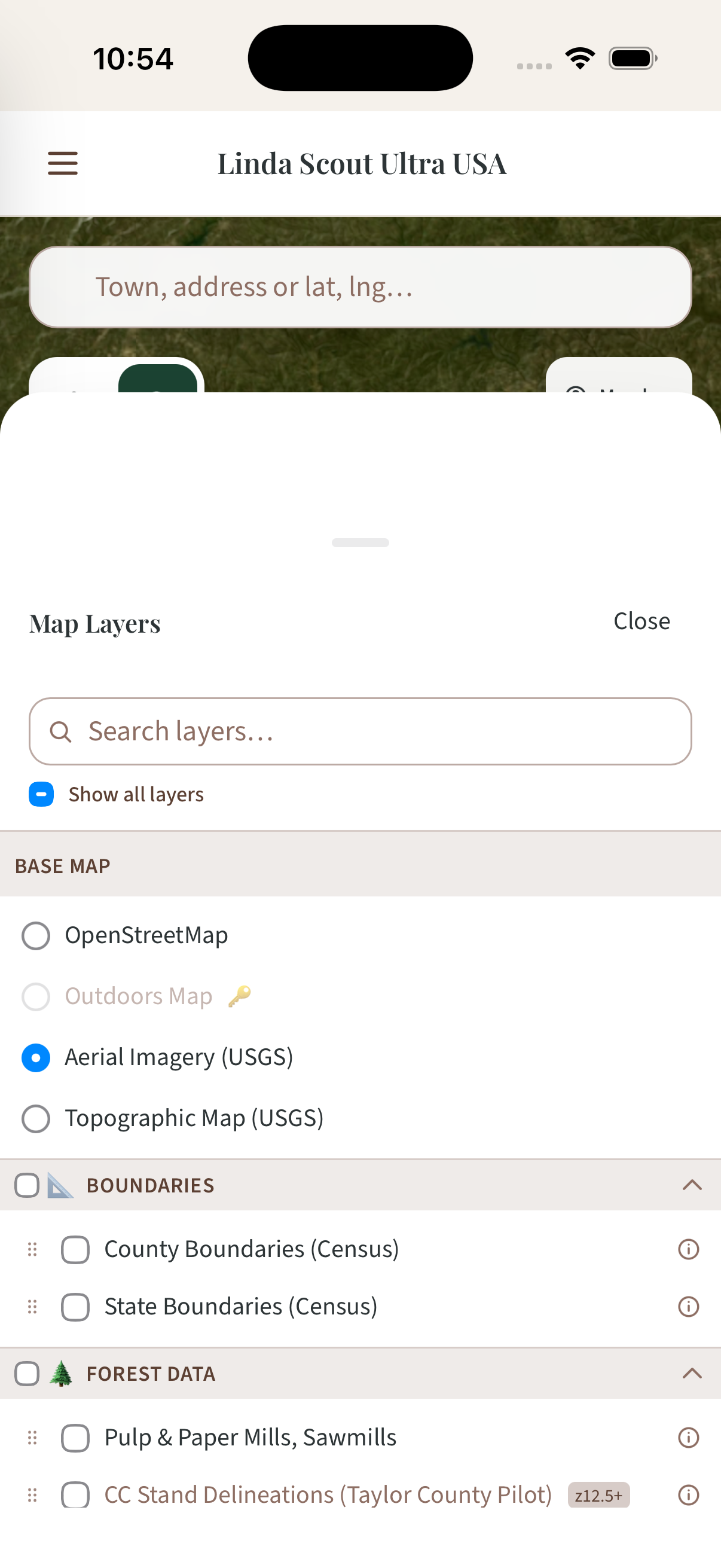 Native iPhone map layer catalogue with basemaps, boundaries and mill layer controls
