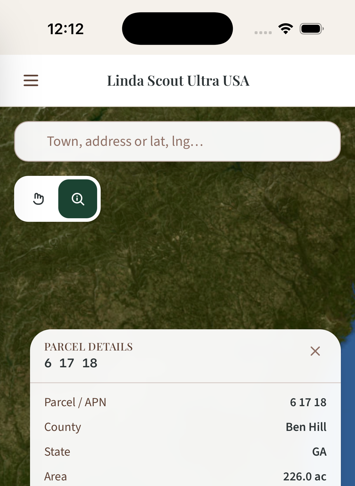 iPhone parcel details for parcel 6 17 18 in Ben Hill County, Georgia, showing 226.0 acres; cropped above owner information